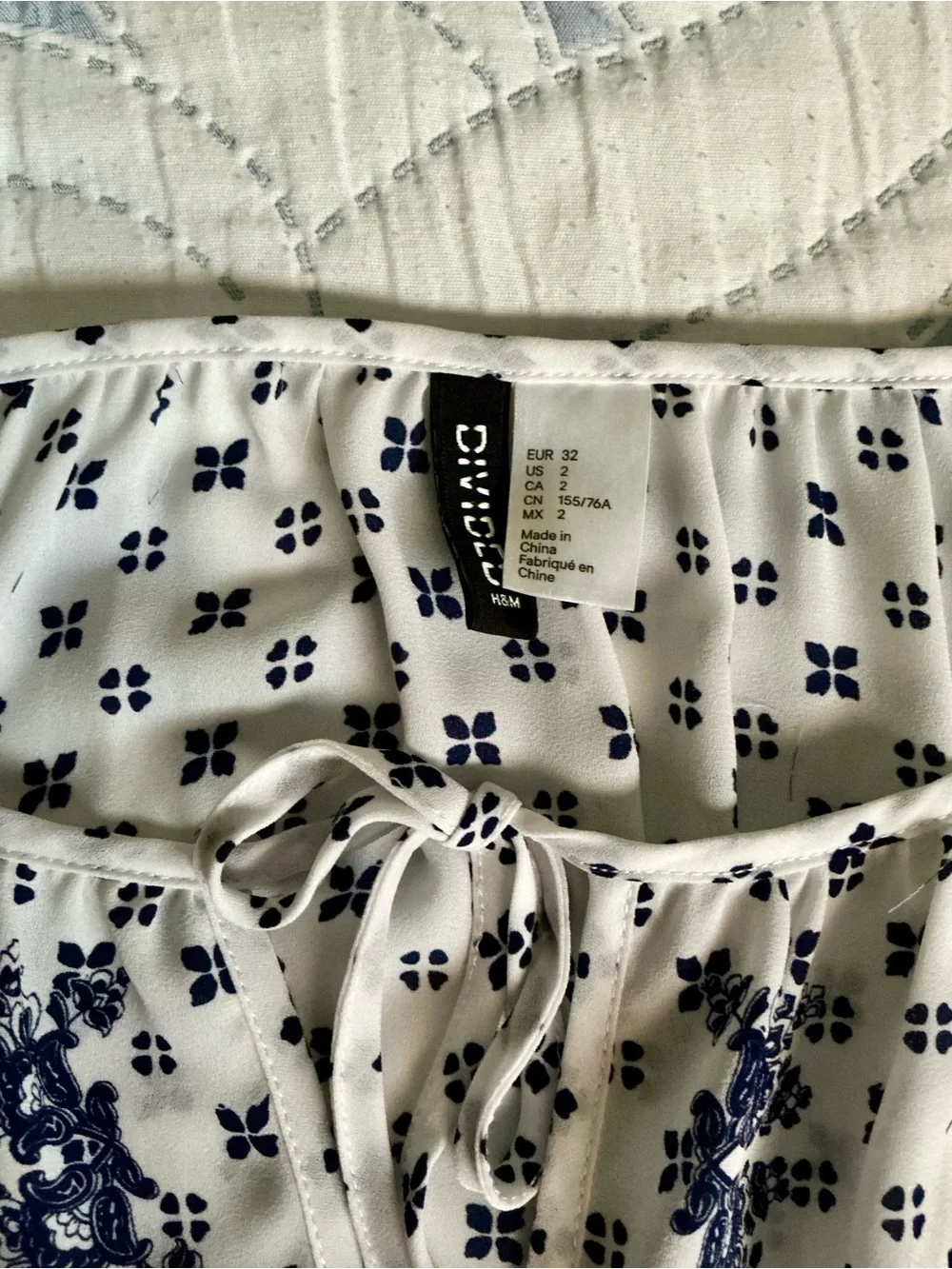 H&M White and Blue Printed Peasant Blouse